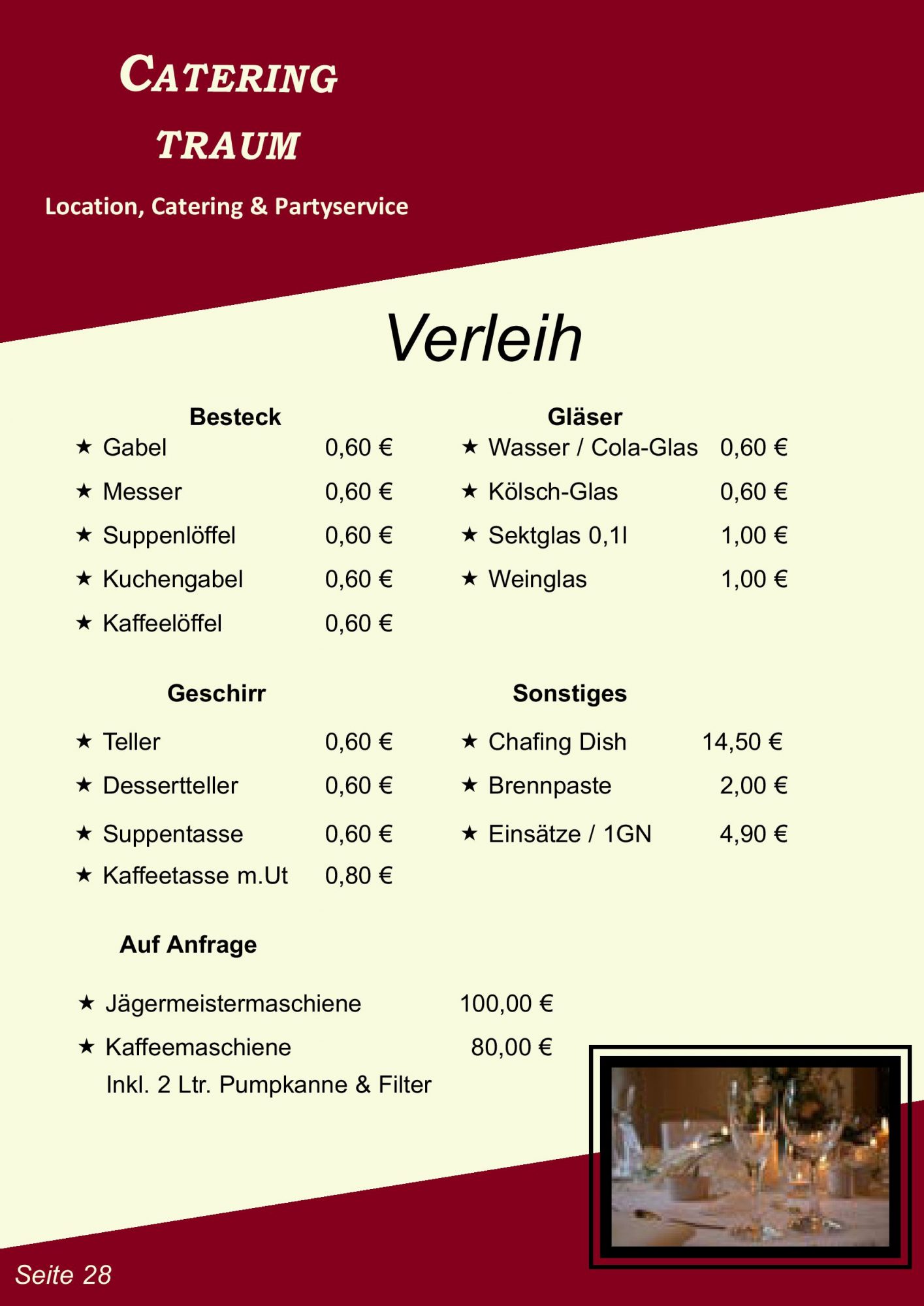 Catering Traum Verleih Seite aus dem Buffetbuch, in dem Verleih-Artikel aufgeführt sind